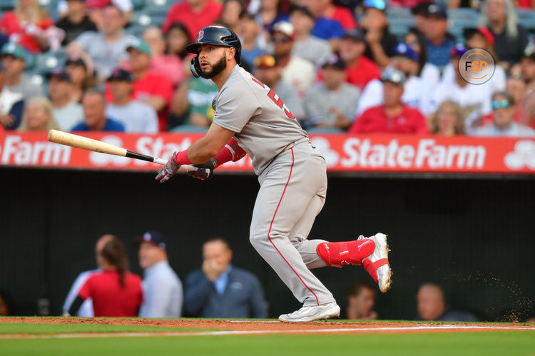 Jun 23, 2025; Anaheim, California, USA; Boston Red Sox right fielder Wilyer Abreu (52) hits a two run RBI single against the Los Angeles Angels during the first inning at Angel Stadium. Credit: Gary A. Vasquez-Imagn Images