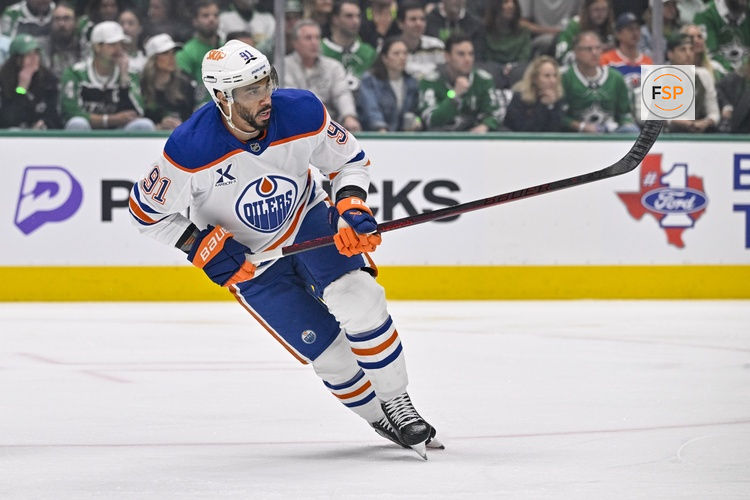 May 29, 2025; Dallas, Texas, USA; Edmonton Oilers left wing Evander Kane (91) in action during the game between the Dallas Stars and the Edmonton Oilers in game five of the Western Conference Final of the 2025 Stanley Cup Playoffs at American Airlines Center. Credit: Jerome Miron-Imagn Images