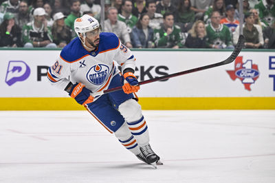 May 29, 2025; Dallas, Texas, USA; Edmonton Oilers left wing Evander Kane (91) in action during the game between the Dallas Stars and the Edmonton Oilers in game five of the Western Conference Final of the 2025 Stanley Cup Playoffs at American Airlines Center. Mandatory Credit: Jerome Miron-Imagn Images
