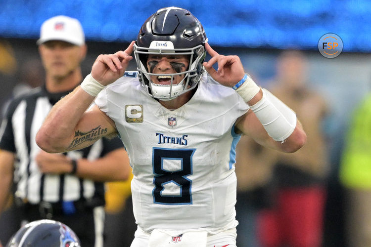 Nov 10, 2024; Inglewood, California, USA;  Tennessee Titans quarterback Will Levis (8) calls a play in the second half against the Los Angeles Chargers at SoFi Stadium. Credit: Jayne Kamin-Oncea-Imagn Images