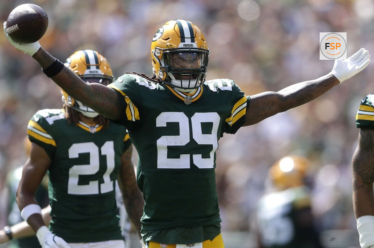 Sep 15, 2024; Green Bay, Wisconsin, USA;  Green Bay Packers safety Xavier McKinney (29) celebrates a first half interception against Indianapolis Colts at Lambeau Field. Credit: Wm. Glasheen/USA TODAY Network via Imagn Images