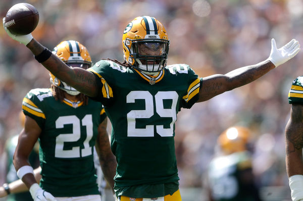 Sep 15, 2024; Green Bay, Wisconsin, USA;  Green Bay Packers safety Xavier McKinney (29) celebrates a first half interception against Indianapolis Colts at Lambeau Field. Mandatory Credit: Wm. Glasheen/USA TODAY Network via Imagn Images