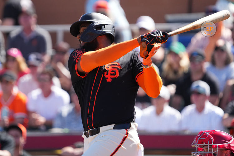 Mar 2, 2025; Scottsdale, Arizona, USA; San Francisco Giants outfielder Jerar Encarnacion (59) bats against the Los Angeles Angels during the first inning at Scottsdale Stadium. Credit: Joe Camporeale-Imagn Images