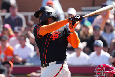 Mar 2, 2025; Scottsdale, Arizona, USA; San Francisco Giants outfielder Jerar Encarnacion (59) bats against the Los Angeles Angels during the first inning at Scottsdale Stadium. Mandatory Credit: Joe Camporeale-Imagn Images