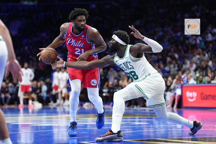 Oct 31, 2025; Philadelphia, Pennsylvania, USA; Boston Celtics center Neemias Queta (88) defends Philadelphia 76ers center Joel Embiid (21) in the third quarter at Xfinity Mobile Arena. Credit: Kyle Ross-Imagn Images