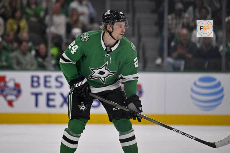 Oct 25, 2025; Dallas, Texas, USA; Dallas Stars center Roope Hintz (24) skates against the Carolina Hurricanes during the game between the Stars and the Hurricanes at the American Airlines Center. Credit: Jerome Miron-Imagn Images