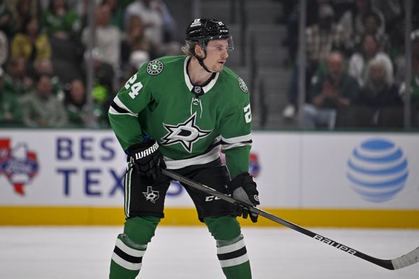 Oct 25, 2025; Dallas, Texas, USA; Dallas Stars center Roope Hintz (24) skates against the Carolina Hurricanes during the game between the Stars and the Hurricanes at the American Airlines Center. Mandatory Credit: Jerome Miron-Imagn Images