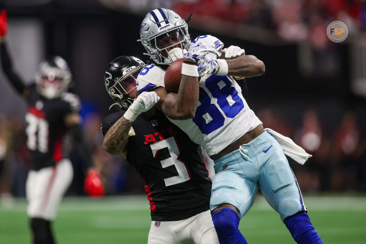 Nov 3, 2024; Atlanta, Georgia, USA; Dallas Cowboys wide receiver CeeDee Lamb (88) catches a pass in front of Atlanta Falcons safety Jessie Bates III (3) in the second quarter at Mercedes-Benz Stadium. Credit: Brett Davis-Imagn Images