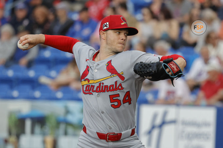 Mar 10, 2025; Port St. Lucie, Florida, USA;  St. Louis Cardinals pitcher Sonny Gray (54) throws a pitch first inning against the New York Mets at Clover Park. Credit: Reinhold Matay-Imagn Images