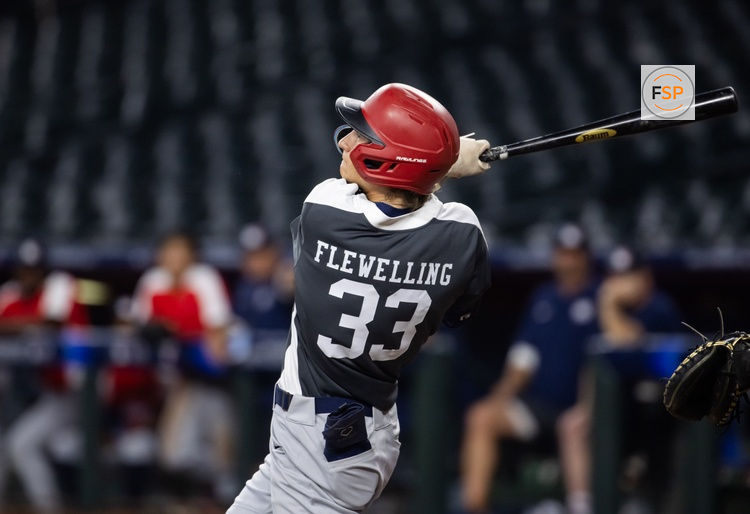 Jun 18, 2024; Phoenix, AZ, USA; Ecole Secondaire Notre Dame High School catcher Nathan Flewelling during the MLB Draft Combine at Chase Field. Credit: Mark J. Rebilas-USA TODAY Sports