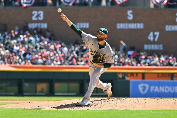 DETROIT, MI - APRIL 06: Oakland Athletics pitcher Paul Blackburn (58) pitches in the first inning during the Detroit Tigers versus the Oakland Athletics game on Saturday April 6, 2024 at Comerica Park in Detroit, MI. (Photo by Steven King/Icon Sportswire)