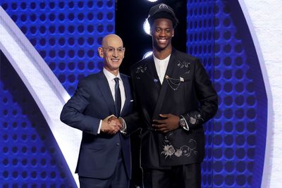 Jun 23, 2026; New York, NY, USA; AJ Dybantsa poses for photos with NBA commissioner Adam Silver after being selected first overall by the Washington Wizards during the 2026 NBA Draft at Barclays Center. Mandatory Credit: Brad Penner-Imagn Images