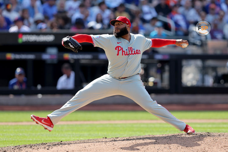 Apr 23, 2025; New York City, New York, USA; Philadelphia Phillies relief pitcher Jose Alvarado (46) pitches against the New York Mets during the eighth inning at Citi Field. Credit: Brad Penner-Imagn Images