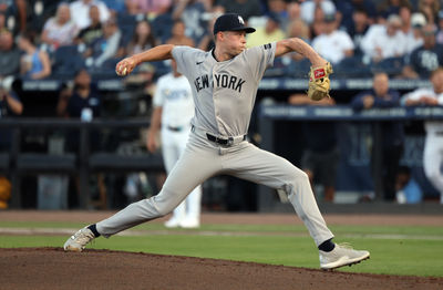 Apr 17, 2025; St. Petersburg, Florida, USA;  New York Yankees starting pitcher Will Warren (98) throws a pitch against the Tampa Bay Rays during the first inning at George M. Steinbrenner Field. Mandatory Credit: Kim Klement Neitzel-Imagn Images