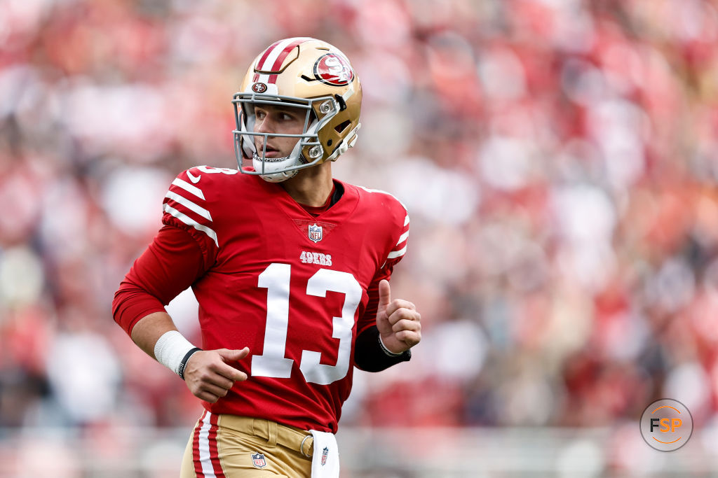 San Francisco 49ers quarterback Brock Purdy (13) warms up prior to an NFL football game between the San Francisco 49ers and the Tampa Bay Buccaneers, Sunday, Dec. 11, 2022 in Santa Clara, Calif. (Michael Owens via AP)