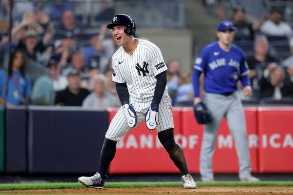 May 18, 2026; Bronx, New York, USA; New York Yankees shortstop Anthony Volpe (11) reacts after scoring a run against the Toronto Blue Jays on a sacrifice fly by Yankees catcher J.C. Escarra (not pictured) during the fourth inning at Yankee Stadium. Mandatory Credit: Brad Penner-Imagn Images