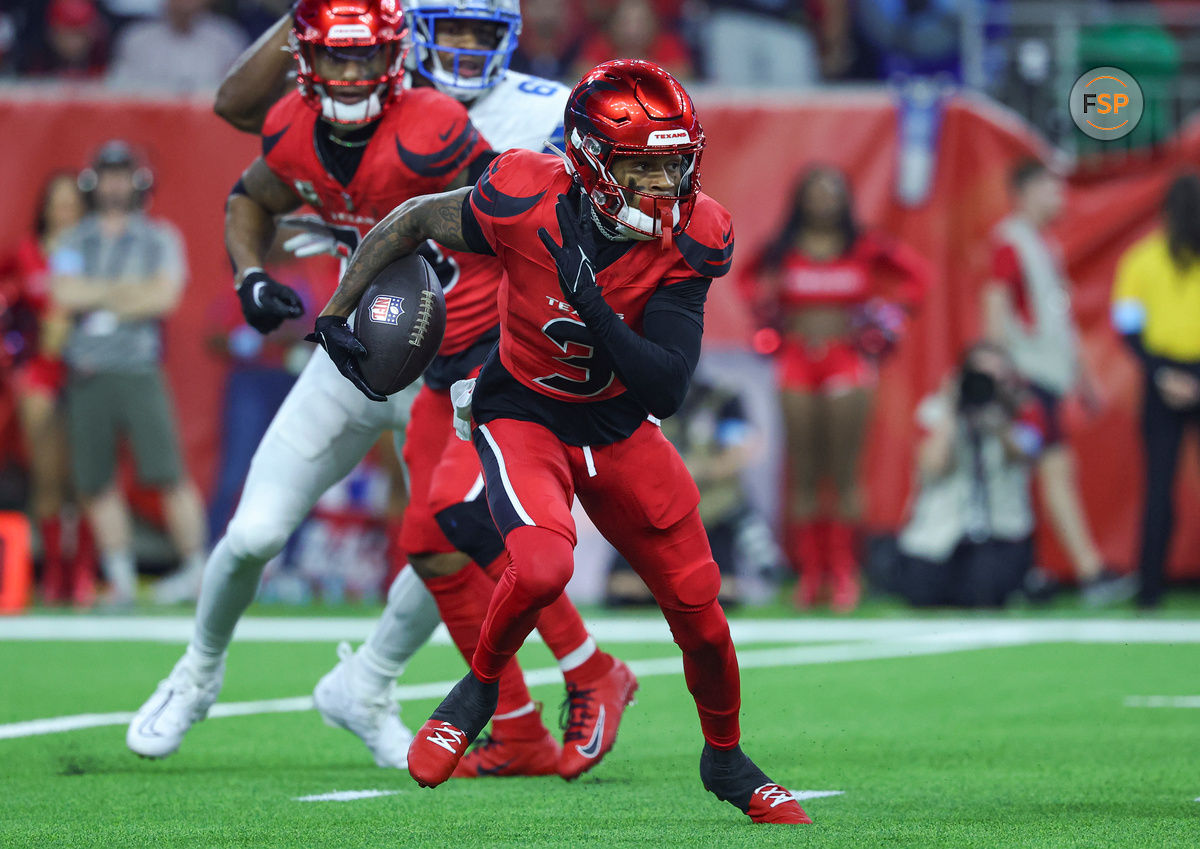 Nov 10, 2024; Houston, Texas, USA; Houston Texans wide receiver Tank Dell (3) runs with the ball on a play during the second quarter against the Detroit Lions at NRG Stadium. Credit: Troy Taormina-Imagn Images