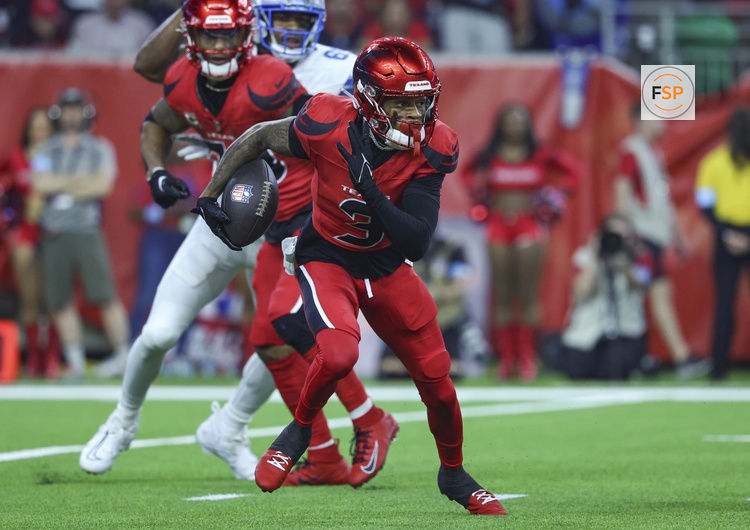 Nov 10, 2024; Houston, Texas, USA; Houston Texans wide receiver Tank Dell (3) runs with the ball on a play during the second quarter against the Detroit Lions at NRG Stadium. Credit: Troy Taormina-Imagn Images