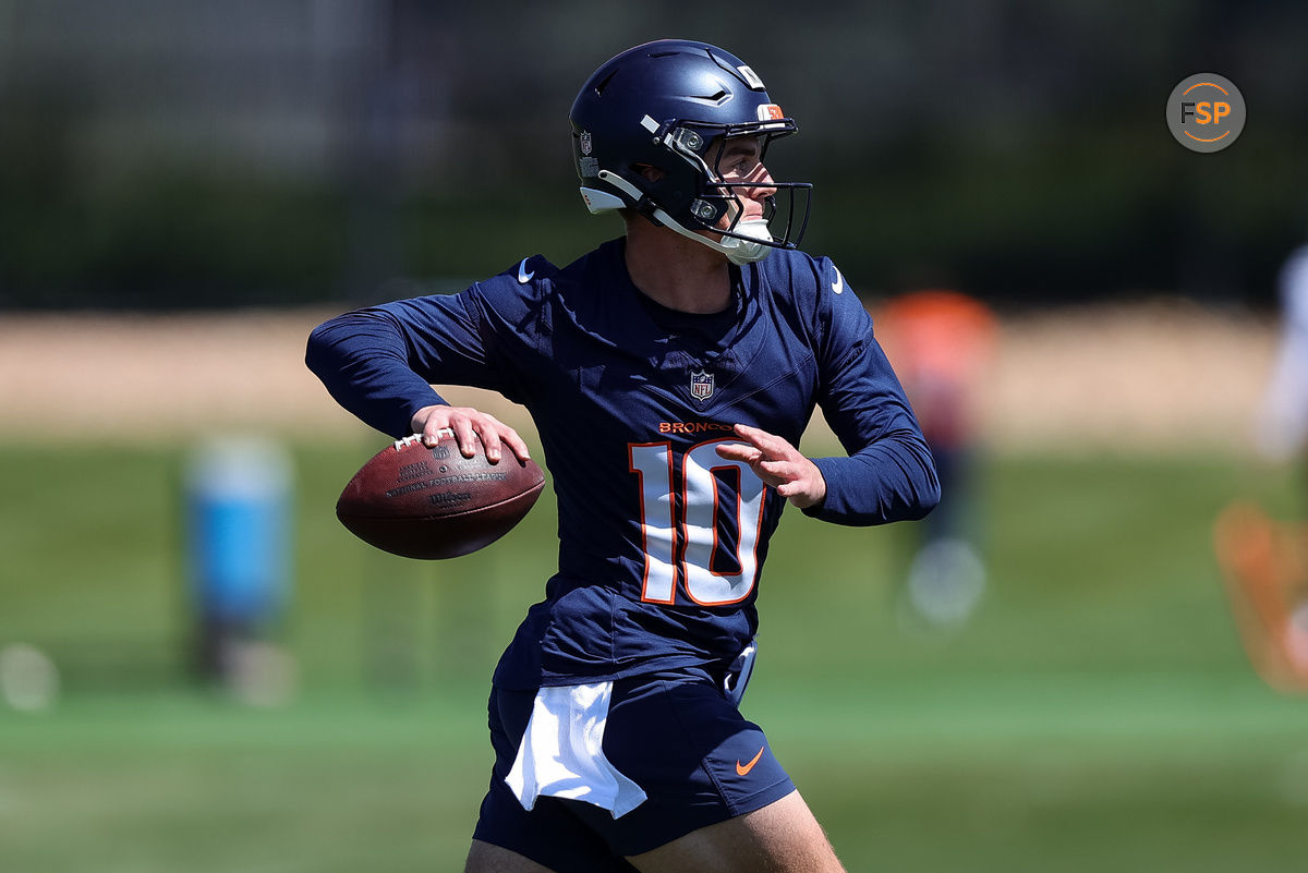 May 23, 2024; Englewood, CO, USA; Denver Broncos quarterback Bo Nix (10) during organized team activities at Centura Health Training Center. Credit: Isaiah J. Downing-USA TODAY Sports