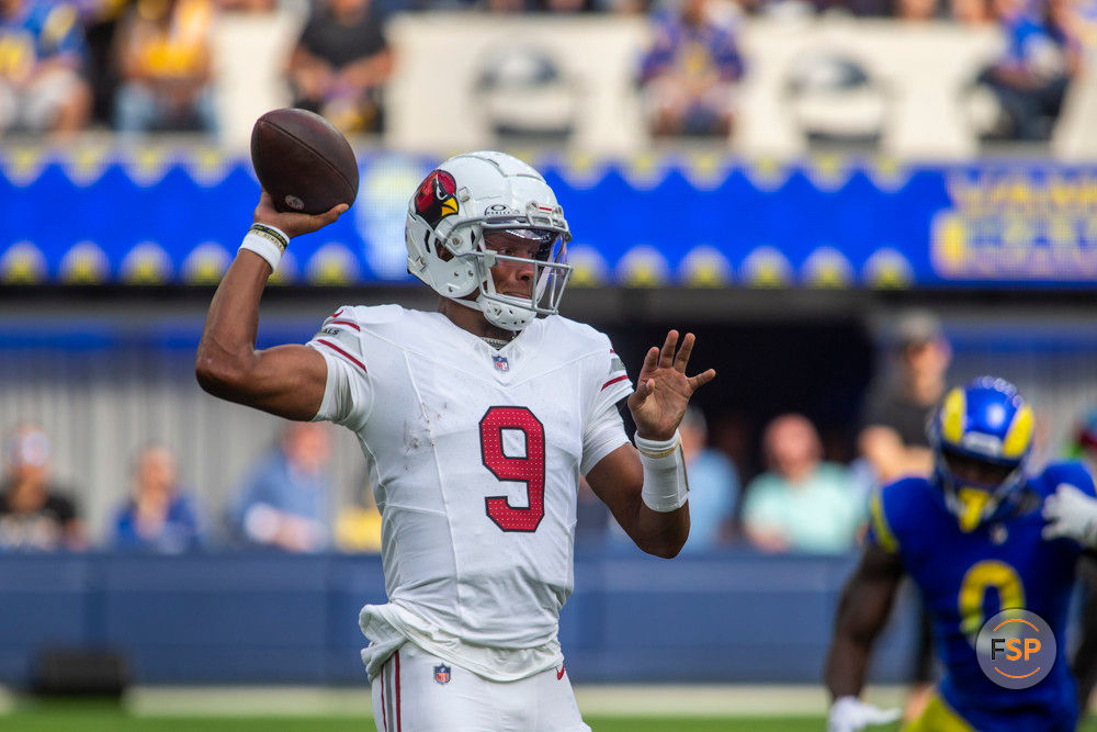 INGLEWOOD, CA - OCTOBER 15: Arizona Cardinals quarterback Joshua Dobbs (9) throws a pass in the first half of an NFL football game between the Arizona Cardinals and Los Angeles Rams at SoFi Stadium, October 15, 2023, in Inglewood, California. (Photo by Tony Ding/Icon Sportswire)