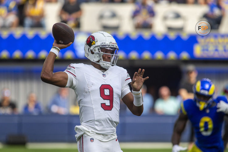 INGLEWOOD, CA - OCTOBER 15: Arizona Cardinals quarterback Joshua Dobbs (9) throws a pass in the first half of an NFL football game between the Arizona Cardinals and Los Angeles Rams at SoFi Stadium, October 15, 2023, in Inglewood, California. (Photo by Tony Ding/Icon Sportswire)