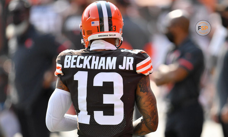 CLEVELAND, OHIO - SEPTEMBER 27: Wide receiver Odell Beckham Jr. #13 of the Cleveland Browns walks on the sidelines with the name of Breonna Taylor on his helmet during the second half against the Washington Football Team at FirstEnergy Stadium on September 27, 2020 in Cleveland, Ohio. The Browns defeated the Washington Football Team 34-20.  (Photo by Jason Miller/Getty Images)