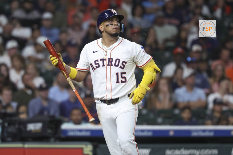 Jul 8, 2025; Houston, Texas, USA; Houston Astros third baseman Isaac Paredes (15) reacts after striking out during the third inning against the Cleveland Guardians at Daikin Park. Credit: Troy Taormina-Imagn Images