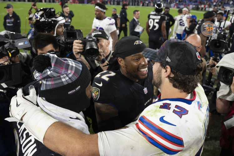 Sep 29, 2024; Baltimore, Maryland, USA;  Buffalo Bills quarterback Josh Allen (17) speaks with Baltimore Ravens running back Derrick Henry (22) and quarterback Lamar Jackson (8) after the game during the second half at M&T Bank Stadium. Credit: Tommy Gilligan-Imagn Images