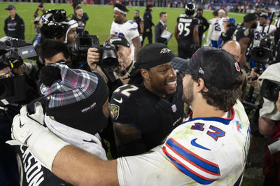 Sep 29, 2024; Baltimore, Maryland, USA;  Buffalo Bills quarterback Josh Allen (17) speaks with Baltimore Ravens running back Derrick Henry (22) and quarterback Lamar Jackson (8) after the game during the second half at M&T Bank Stadium. Mandatory Credit: Tommy Gilligan-Imagn Images