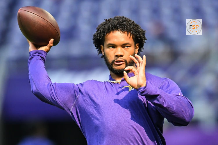 Aug 22, 2026; Minneapolis, Minnesota, USA;  Minnesota Vikings quarterback Kyler Murray (1) warms up before the game against the Baltimore Ravens at U.S. Bank Stadium.  Credit: Jeffrey Becker-Imagn Images