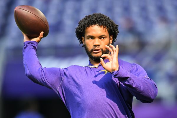 Aug 22, 2026; Minneapolis, Minnesota, USA;  Minnesota Vikings quarterback Kyler Murray (1) warms up before the game against the Baltimore Ravens at U.S. Bank Stadium.  Mandatory Credit: Jeffrey Becker-Imagn Images