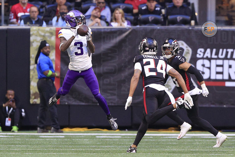 ATLANTA, GA - NOVEMBER 05: Minnesota Vikings wide receiver Jordan Addison (3) makes a catch inside the 10 yard line during the week 9 Sunday afternoon NFL football game between the Atlanta Falcons and the Minnesota Vikings on November 5, 2023 at the Mercedes-Benz Stadium in Atlanta, Georgia.  (Photo by David J. Griffin/Icon Sportswire)