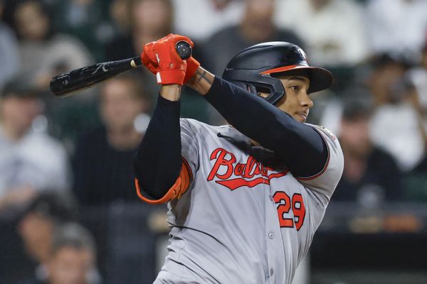 Sep 15, 2025; Chicago, Illinois, USA; Baltimore Orioles catcher Samuel Basallo (29) singles against the Chicago White Sox during the sixth inning at Rate Field. Mandatory Credit: Kamil Krzaczynski-Imagn Images