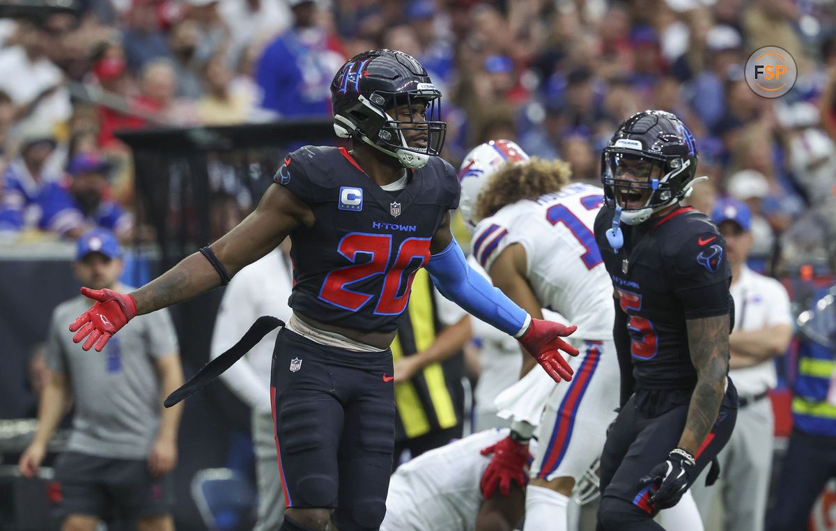 Oct 6, 2024; Houston, Texas, USA; Houston Texans safety Jimmie Ward (20) reacts after making a tackle during the second quarter against the Buffalo Bills at NRG Stadium. Credit: Troy Taormina-Imagn Images