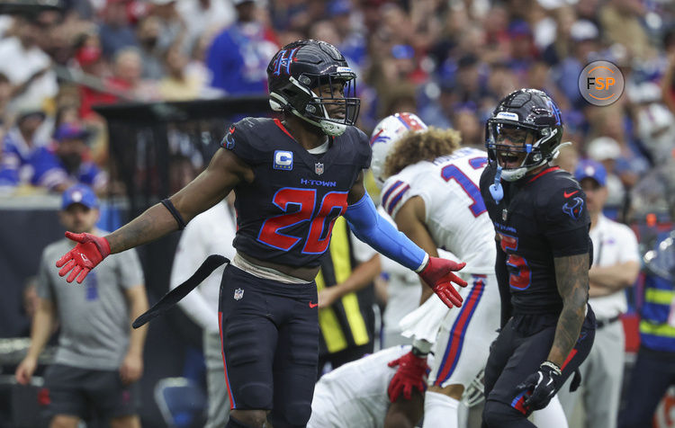 Oct 6, 2024; Houston, Texas, USA; Houston Texans safety Jimmie Ward (20) reacts after making a tackle during the second quarter against the Buffalo Bills at NRG Stadium. Credit: Troy Taormina-Imagn Images