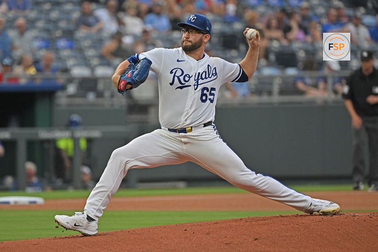 Aug 5, 2026; Kansas City, Missouri, USA;  Kansas City Royals starting pitcher Noah Cameron (65) throws a pitch in the first inning against the Minnesota Twins at Kauffman Stadium. Credit: Peter Aiken-Imagn Images