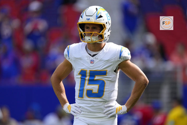 Sep 27, 2026; Orchard Park, New York, USA;  Los Angeles Chargers wide receiver Ladd McConkey (15) warms up before the game against the Buffalo Bills at New Highmark Stadium.at New Highmark Stadium.  Credit: Gregory Fisher-Imagn Images