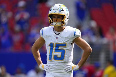 Sep 27, 2026; Orchard Park, New York, USA;  Los Angeles Chargers wide receiver Ladd McConkey (15) warms up before the game against the Buffalo Bills at New Highmark Stadium.at New Highmark Stadium.  Mandatory Credit: Gregory Fisher-Imagn Images