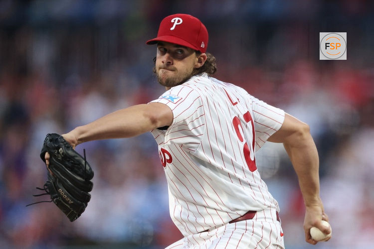 Aug 19, 2026; Philadelphia, Pennsylvania, USA; Philadelphia Phillies pitcher Aaron Nola (27) throws a pitch against the Miami Marlins at Citizens Bank Park. Credit: Bill Streicher-Imagn Images