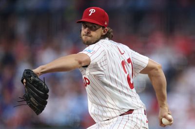 Aug 19, 2026; Philadelphia, Pennsylvania, USA; Philadelphia Phillies pitcher Aaron Nola (27) throws a pitch against the Miami Marlins at Citizens Bank Park. Mandatory Credit: Bill Streicher-Imagn Images