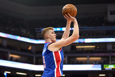 Nov 16, 2024; Sacramento, California, USA; Sacramento Kings guard Kevin Huerter (9) shoots against the Utah Jazz during the first quarter at Golden 1 Center. Mandatory Credit: Darren Yamashita-Imagn Images