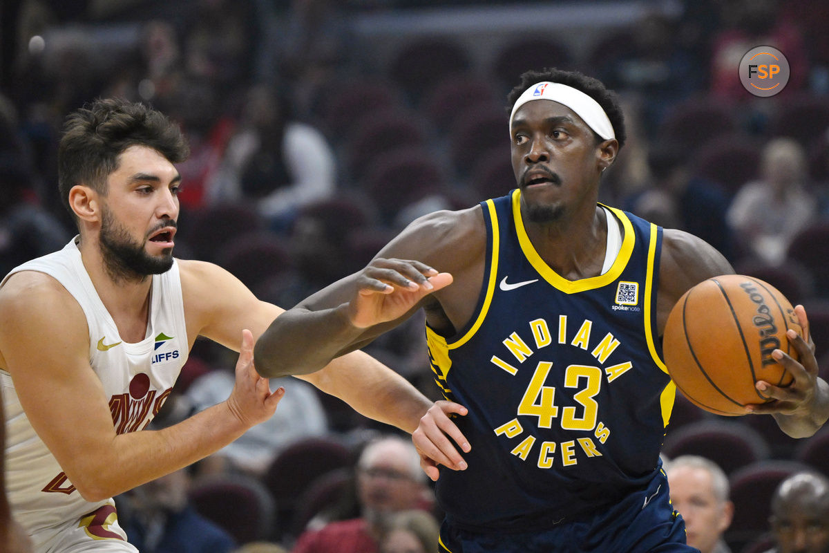 Oct 10, 2024; Cleveland, Ohio, USA; Cleveland Cavaliers guard Ty Jerome (2) defends Indiana Pacers forward Pascal Siakam (43) in the first quarter at Rocket Mortgage FieldHouse. Credit: David Richard-Imagn Images