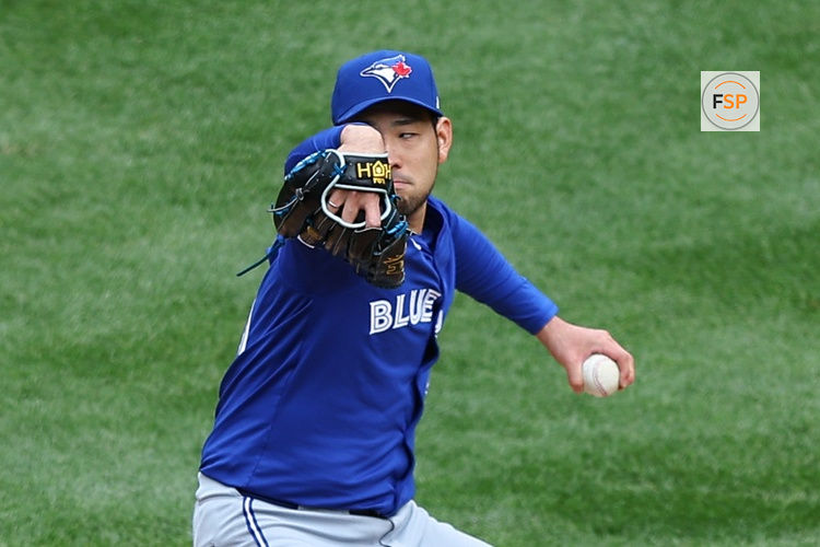 BRONX, NY - APRIL 05: Yusei Kikuchi #16 of the Toronto Blue Jays pitches during the first inning of the game against the New York Yankees on April 5, 2024 at Yankee Stadium in the Bronx, New York. (Photo by Rich Graessle/Icon Sportswire)