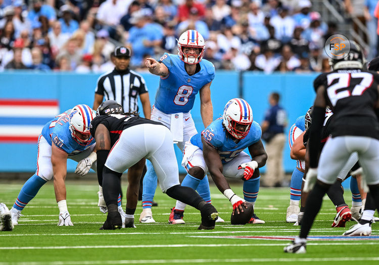 NASHVILLE, TN - OCTOBER 29: Tennessee Titans quarterback Will Levis (8) runs the offense during a game between the Tennessee Titans and the Atlanta Falcons on October 29, 2023, at Nissan Stadium in Nashville, TN.  (Photo by Bryan Lynn/Icon Sportswire)