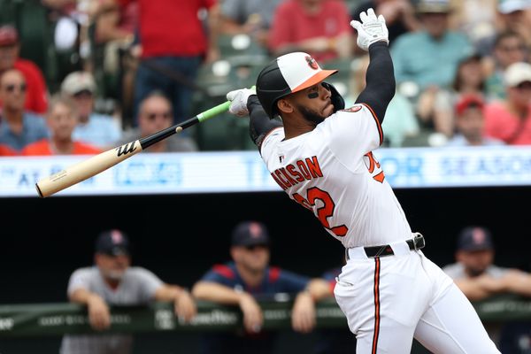 Aug 28, 2025; Baltimore, Maryland, USA; Baltimore Orioles second baseman Jeremiah Jackson (82) hits a single during the first inning against the Boston Red Sox at Oriole Park at Camden Yards. Mandatory Credit: Daniel Kucin Jr.-Imagn Images