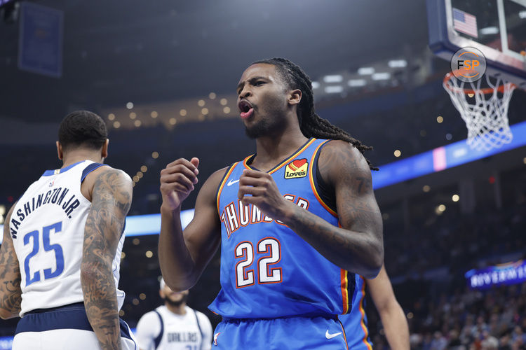 Jan 23, 2025; Oklahoma City, Oklahoma, USA; Oklahoma City Thunder guard Cason Wallace (22) reacts to an officials call after a play against the Dallas Mavericks during the first quarter at Paycom Center. Credit: Alonzo Adams-Imagn Images