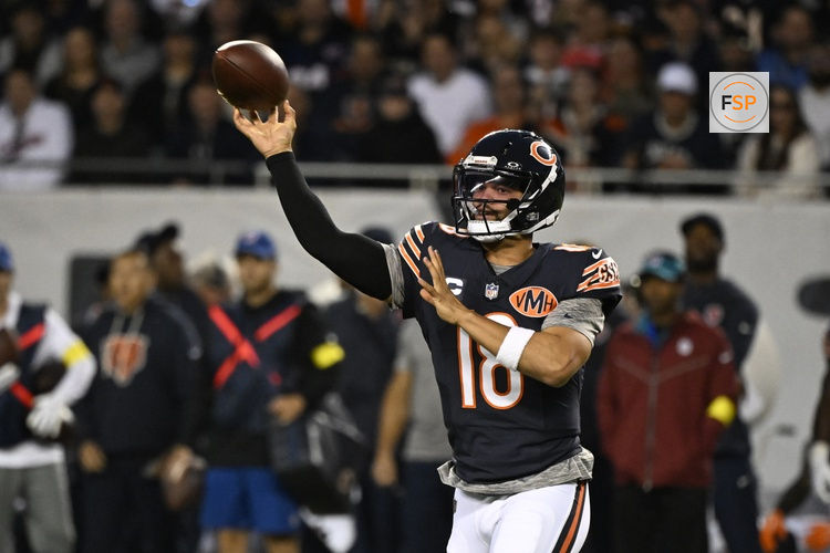 Sep 8, 2025; Chicago, Illinois, USA; Chicago Bears quarterback Caleb Williams (18) drops back to pass against the Minnesota Vikings during the first half at Soldier Field. Credit: Matt Marton-Imagn Images