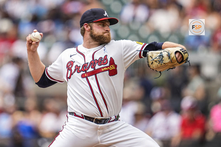 Jun 21, 2026; Cumberland, Georgia, USA; Atlanta Braves pitcher Bryce Elder (55) pitches against the Milwaukee Brewers during the first inning at Truist Park. Credit: Dale Zanine-Imagn Images
