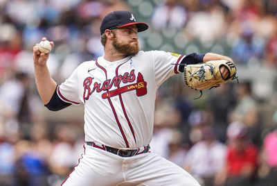 Jun 21, 2026; Cumberland, Georgia, USA; Atlanta Braves pitcher Bryce Elder (55) pitches against the Milwaukee Brewers during the first inning at Truist Park. Mandatory Credit: Dale Zanine-Imagn Images