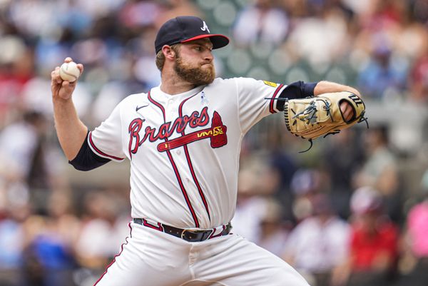 Jun 21, 2026; Cumberland, Georgia, USA; Atlanta Braves pitcher Bryce Elder (55) pitches against the Milwaukee Brewers during the first inning at Truist Park. Mandatory Credit: Dale Zanine-Imagn Images